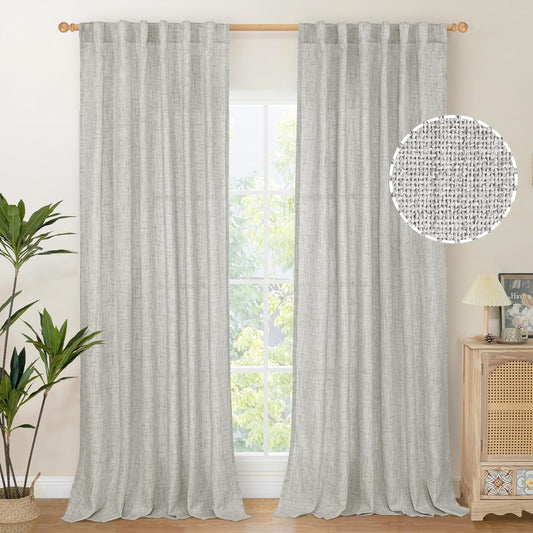YoungsTex Light Grey Linen Curtains 90 Inch Long for Living Room Rod Pocket Floor Length Window Drapes Light Filtering for Bedroom Dining Privacy, 52 X 90 Inch, 2 Panels