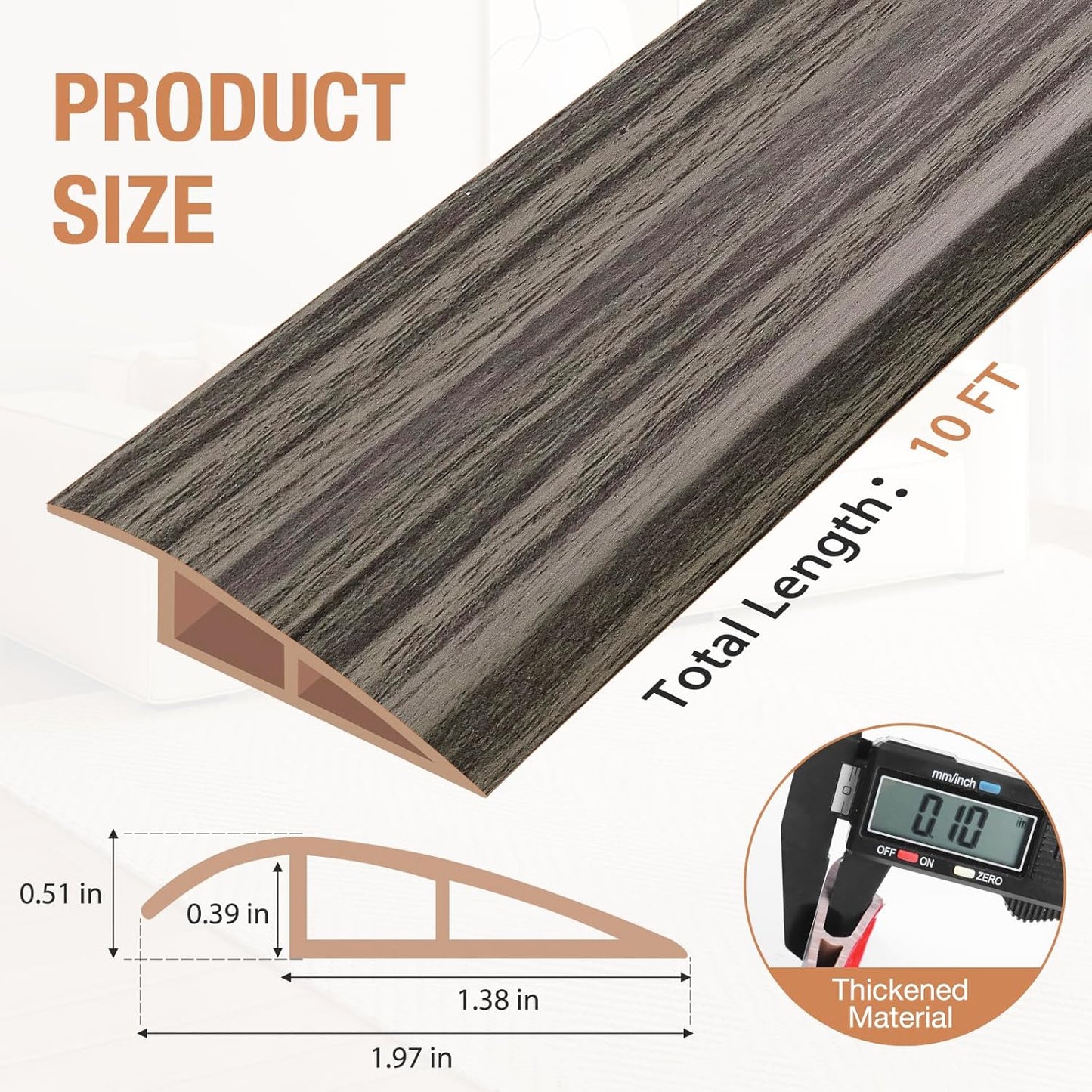 Floor Transition Strip Self Adhesive Vinyl Door Threshold for Doorways Carpet Edging Trim Overlap Edge Reducer for Laminate Floor, Carpet, Tile (Grayish Brown Wood Grain, 1/5" to 2/5", 10Ft)