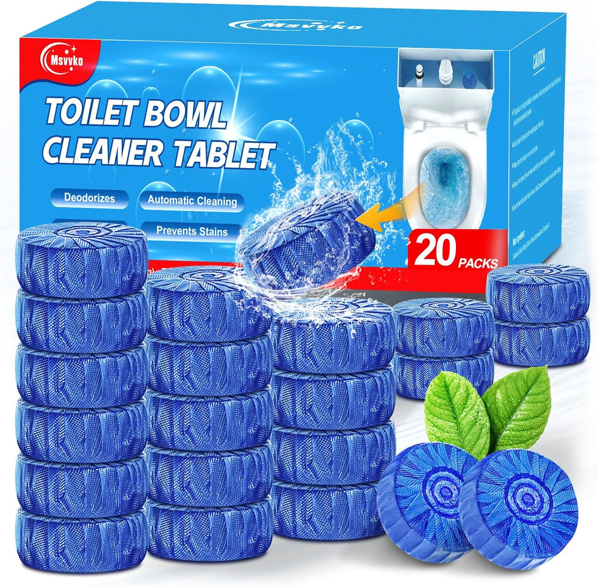 Toilet Bowl Cleaner, Automatic Toilet Tank Cleaner Tablets, Blue Toilet Bowl Tablets for Deodorizing & Descaling, Powerful Cleaning, Slow-Release Against Tough Stains 20 Pack