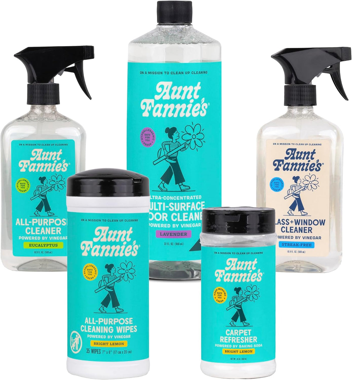 Aunt Fannie's Whole Home Cleaning Bundle: All Purpose Spray, Floor Cleaner, Glass & Window Cleaner, Multi-Surface Wipes, Carpet Refresher