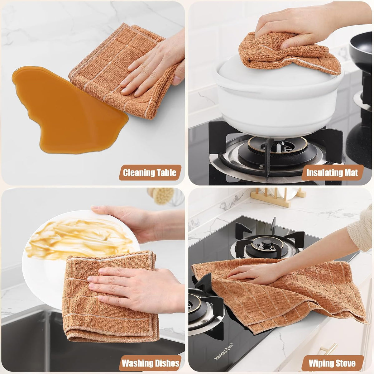 Homaxy Microfiber Kitchen Towels and Dishcloths Set, 12 Pack Soft and Absorbent Dish Hand Towels Bulk, 28 x 16 Inch & 12 x 12 Inch Quick Drying Rags for Washing Dishes, Camel
