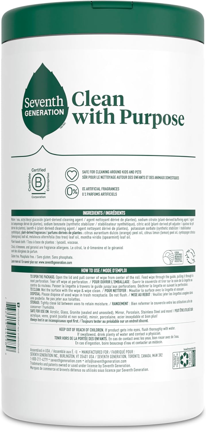Seventh Generation Multi Surface Wipes, Pack of 3, for all purpose cleaning, lemon zest scent with 100% essential oils and botanical ingredients, 70 ct each