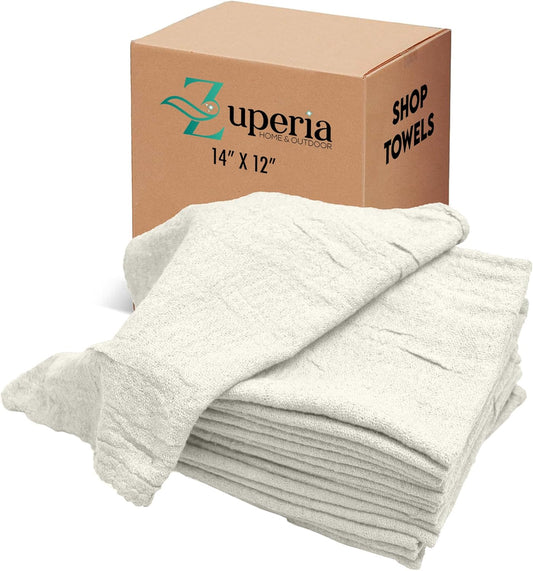 ZUPERIA Cotton Shop Towel – Multipurpose Cleaning Cloths (14" x 12" - Pack of 300 - White) Reusable Shop Rags for Automobiles, Industrial, Restaurants, Garage, and Homes