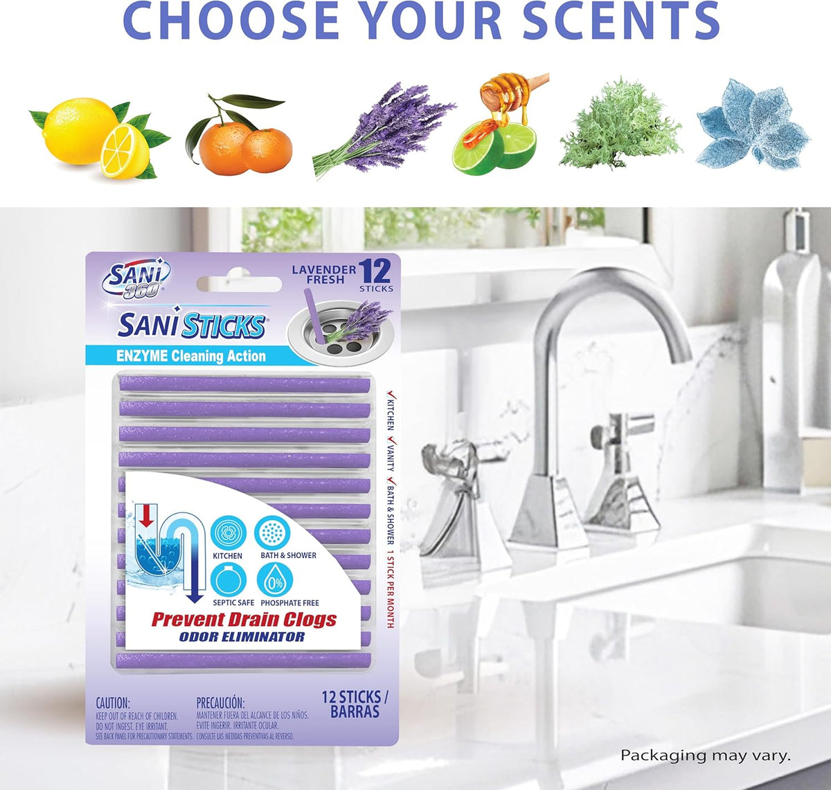 SANI 360° Sani Sticks Drain Cleaner and Deodorizer, 24 Count, Lavender Scent Enzyme Pipe Cleaners, Eliminate Odors, Prevent Clogged Drains, Safe for Sinks, Bathtub Drains, Septic Tanks