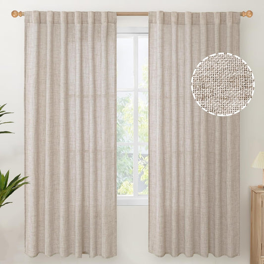 YoungsTex Linen Semi Sheer Curtains 72 Inch Length 2 Panels for Living Room - Light Filtering Drapes with Rod Pocket Back Tab Rustic Beige Window Treatments for Dining Bedroom, 52 X 72 Inch