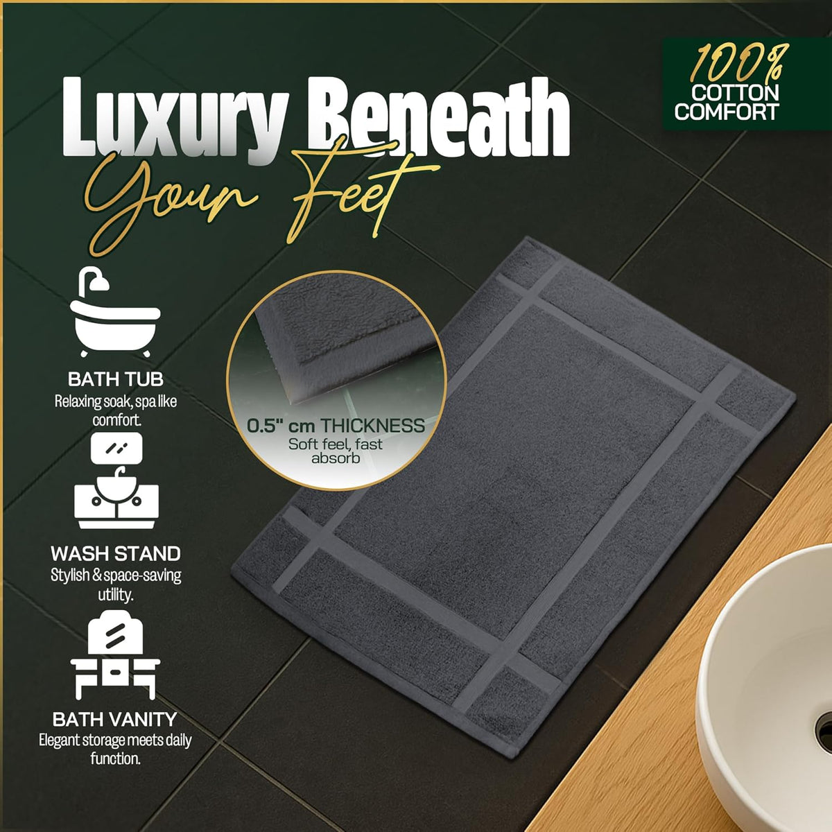 Pearl Linens Pack of 2 Washable Cotton Bath Mat 18x25 - Soft & Absorbent Quick Dry Bathroom Mat Set, Not Bathroom Rugs After Shower Mat, Terry Bath Tub Mat, 687 GSM Dark Grey