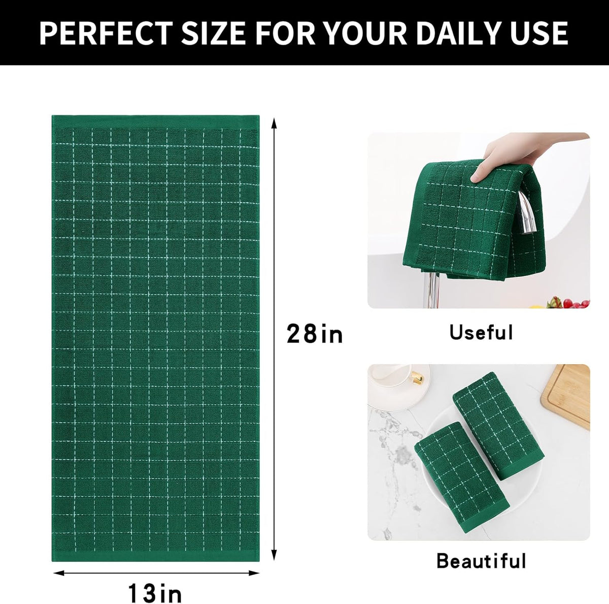 Homaxy 100% Cotton Terry Kitchen Towels(Dark Green, 13 x 28 inches), Checkered Designed, Soft and Super Absorbent Dish Towels, 4 Pack