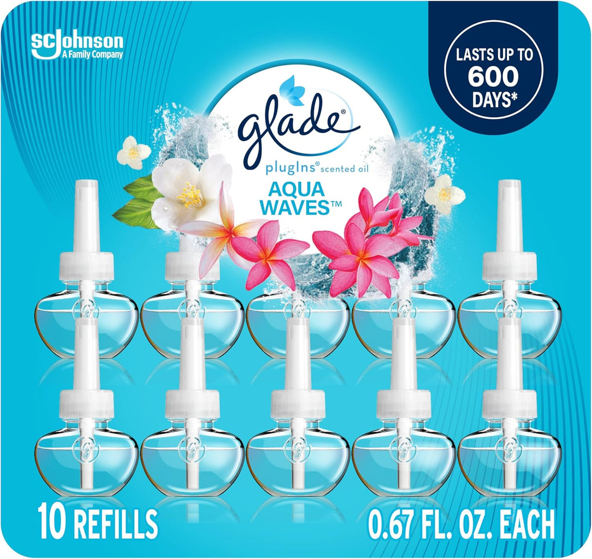 Glade PlugIns Refills Air Freshener, Scented and Essential Oils for Home and Bathroom, Aqua Waves, 6.7 Fl Oz, 10 Count (Packaging May Vary)