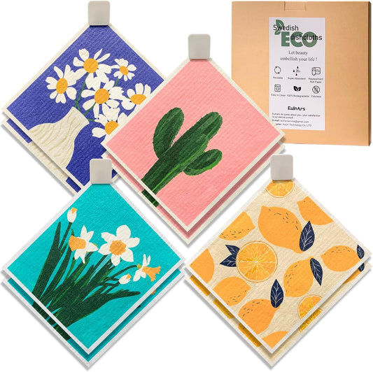 Swedish Dishcloths for Kitchen, 8 Pack Reusable Paper Towels with Clips, Non-Scratch Swedish Dish Towels, Super Absorbent Cellulose Sponge Cloths, Assorted