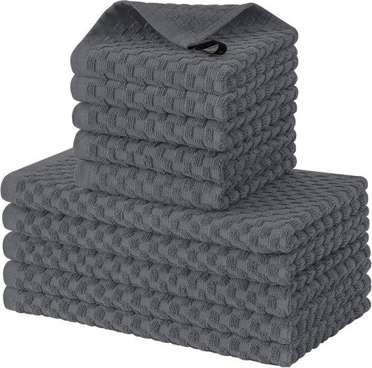 Fintale 100% Cotton Kitchen Towels and Dishcloths Set, 12 x 12 & 15 x 25 Inches, Set of 10 Bulk Super Soft and Absorbent Terry Cloth Dish Towels, Quick Drying Hand Towels with Hanging Loop, Dark Grey