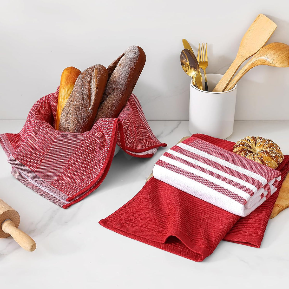 Homaxy Premium Kitchen Towels(18”x 28”, 3 Pack), Large Cotton 380 GSM Kitchen Hand Towels, Soft and Absorbent Terry Dish Towels, Multipurpose Tea Towel Set with Hanging Loop, Red