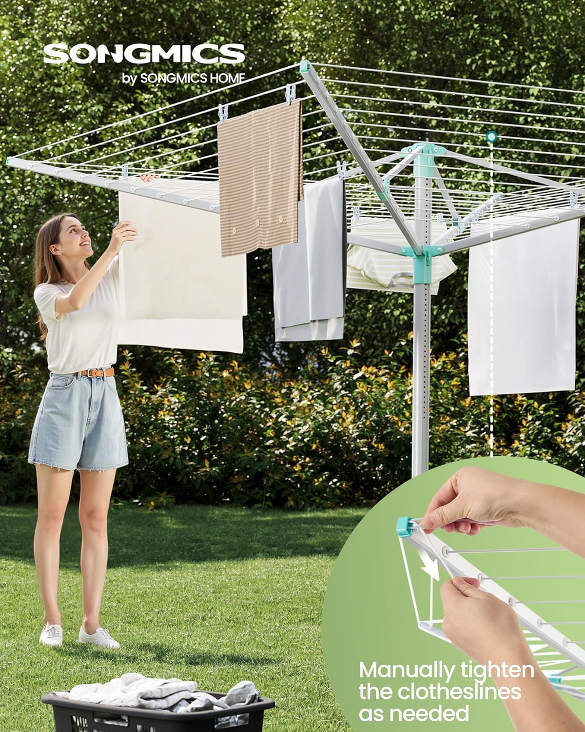 SONGMICS Umbrella Drying Rack, Retractable Outdoor Drying Rack, Height Adjustable, 197 ft Long Clothesline, Holds 6 Laundry Loads, for Garden, with Ground Spike, Cover, Silver and Green ULLR302E01