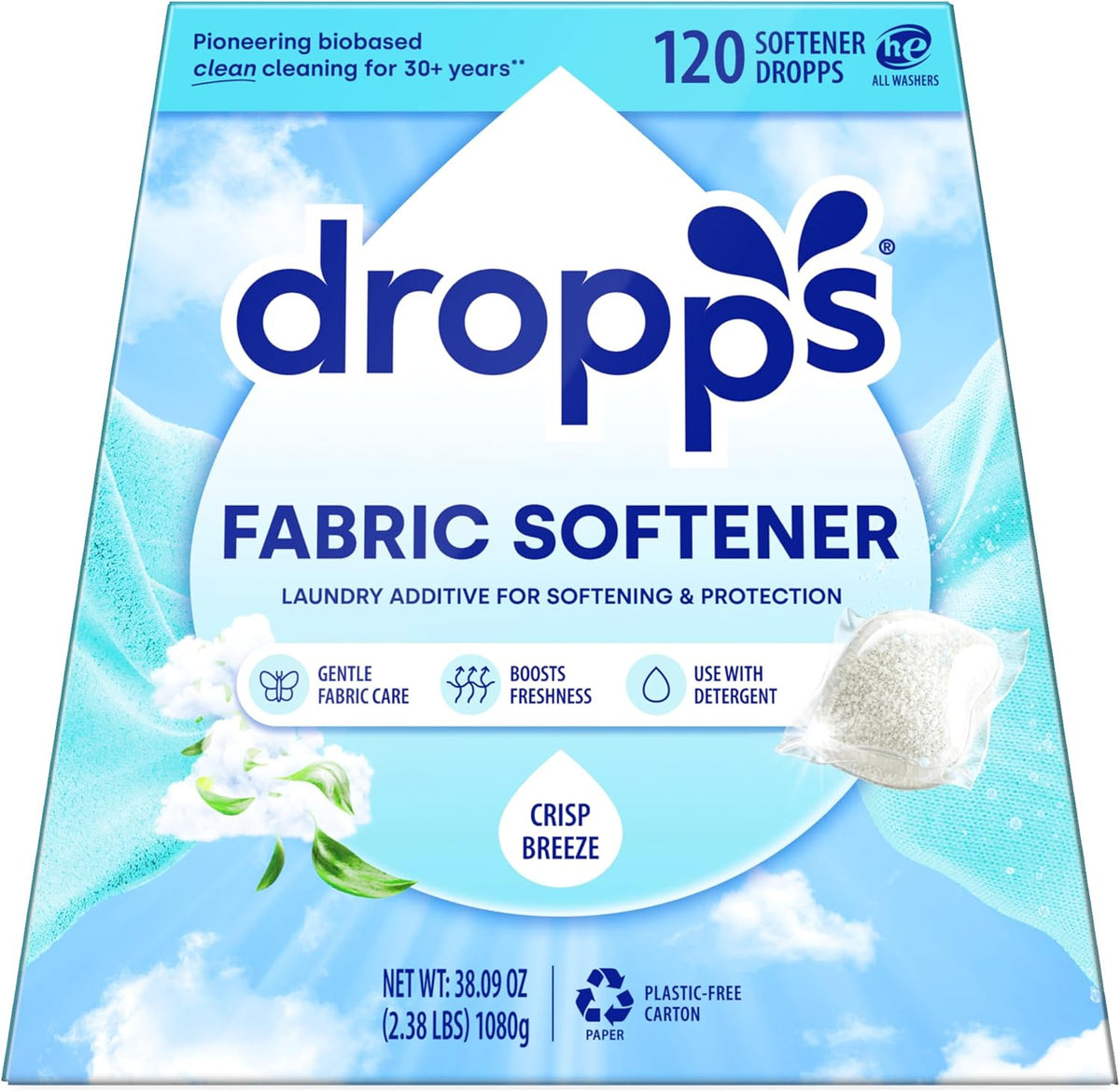 Dropps Laundry Fabric Softener Pods, Crisp Breeze (120 Count) - Fabric Softener Liquid Pods for Fluffy, Soft Fabrics - HE Compatible Mineral Based Ingredients Laundry Supplies