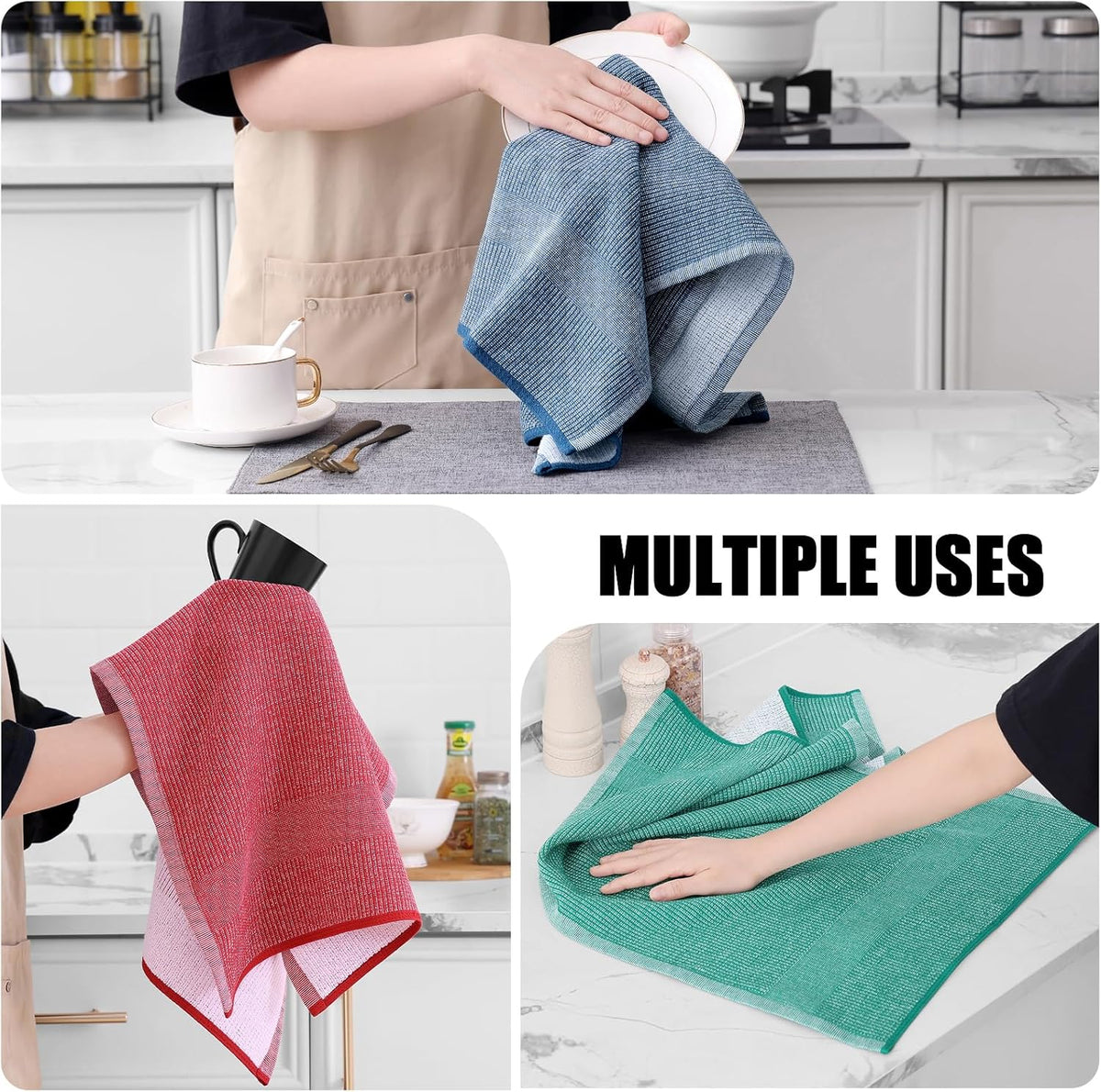 Homaxy Premium Kitchen Towels(18”x 28”, 6 Pack), Large Cotton Kitchen Hand Towels, Flat and Terry Dish Towels, 380 GSM Highly Absorbent Tea Towel Set with Hanging Loop, Navy Blue/Red/Green