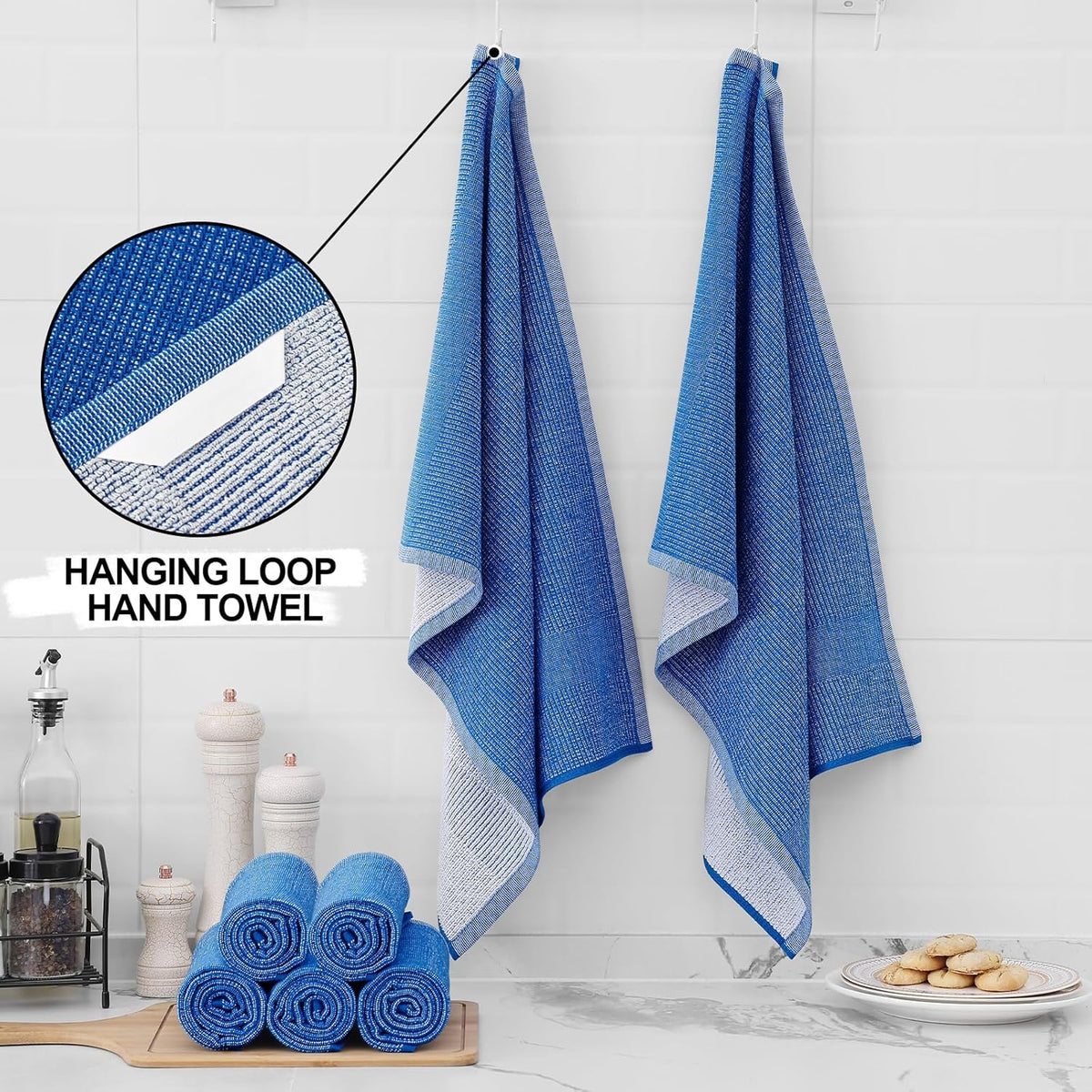 Homaxy Premium Kitchen Towels(18”x 28”, 6 Pack), Large Cotton Kitchen Hand Towels, Flat and Terry Dish Towels, 380 GSM Highly Absorbent Tea Towel Set with Hanging Loop, Blueberry