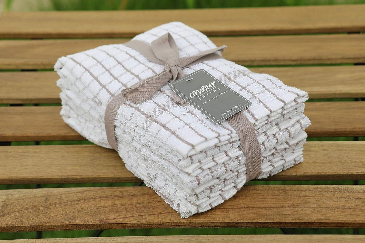 AMOUR INFINI Kitchen Towels Set of 4 - Highly Absorbent, Super Soft Terry Cotton 20x28 Inch Dish Towels with Hanging Loop - Hand & Tea Towels for Cleaning & Drying Dishes (Beige)