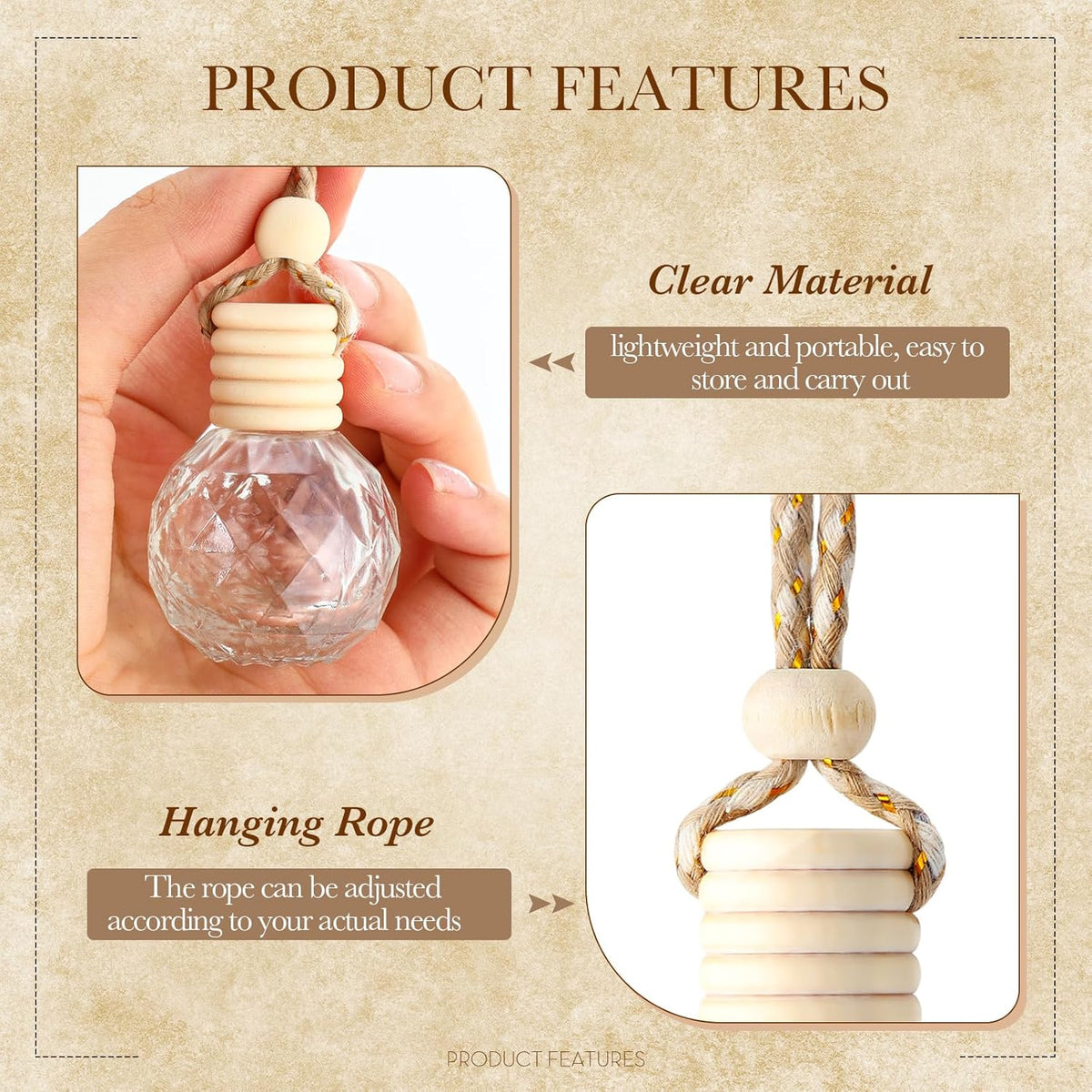 BBTO 50 Pcs Hanging Car Air Freshener Car Diffuser Bottles Empty Glass Perfume Bottle Freshener Diffuser Bottle Pendant for Essential Oil Fragrance Aromatherapy Bottle Ornament(Round Diamond)