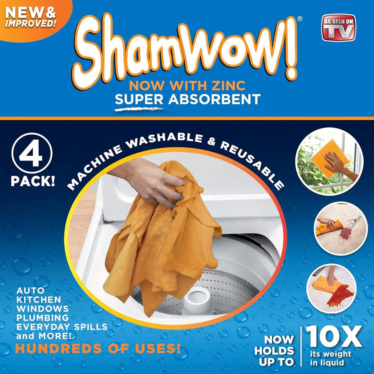 ShamWow Original Super Absorbent Multi-Purpose Cleaning Shammy Chamois Towel Cloth - Holds 10X its Weight in Liquid - Machine Washable - Will Not Scratch (4 Pack, Orange)