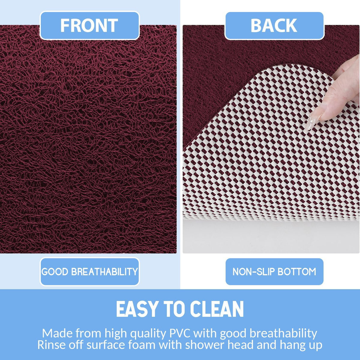 Non-Slip Bathtub Mat, Anti Slip Shower Mat, Fast Drying Bathtub Mats, Foot Scrubber Mat, Anti Slip Mat for Tub, Floor, Bathroom, Kitchen, Home, Hotel (Wine Red 24"×16")