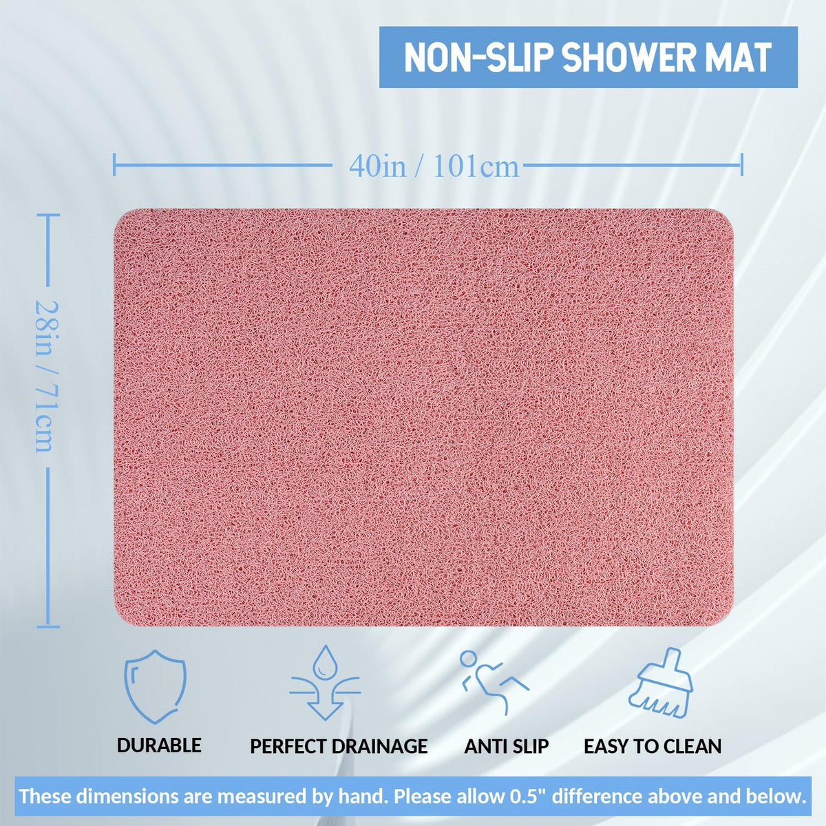 Non-Slip Bathtub Mat, Anti Slip Shower Mat, Fast Drying Bathtub Mats, Foot Scrubber Mat, Anti Slip Mat for Tub, Floor, Bathroom, Kitchen, Home, Hotel (Pink 40"×28")