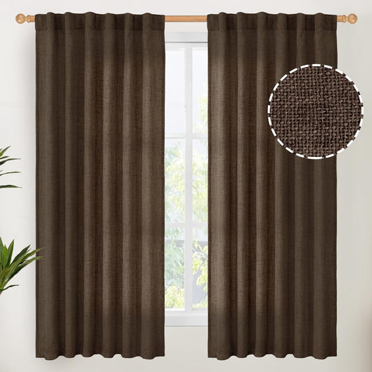 YoungsTex Brown Linen Curtains for Living Room 63 Inches Long, Chocolate Semi Sheer Drapes Textured Light Filtering Window Treatments with Rod Pocket Back Tab for Bedroom, 2 Panels, 52 X 63 Inch