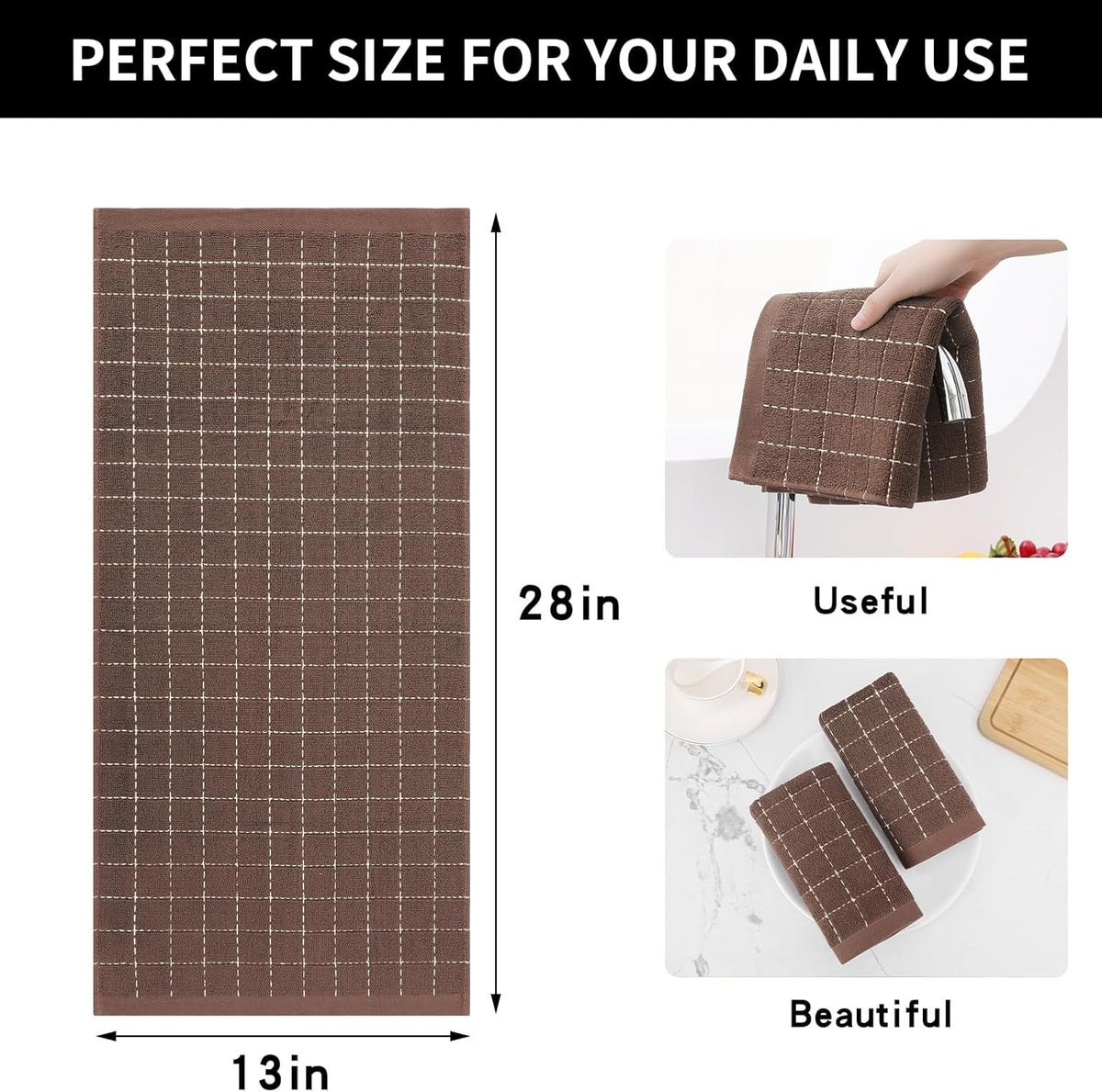 Homaxy 100% Cotton Terry Kitchen Towels(Brown, 13 x 28 inches), Checkered Designed, Soft and Super Absorbent Dish Towels, 4 Pack