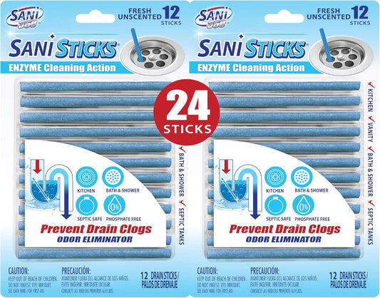 SANI 360° Sani Sticks Drain Cleaner and Deodorizer, 24 Count, Unscented Enzyme Pipe Cleaners, Eliminate Odors, Prevent Clogged Drains, Safe for Sinks, Bathtub Drains, Septic Tanks