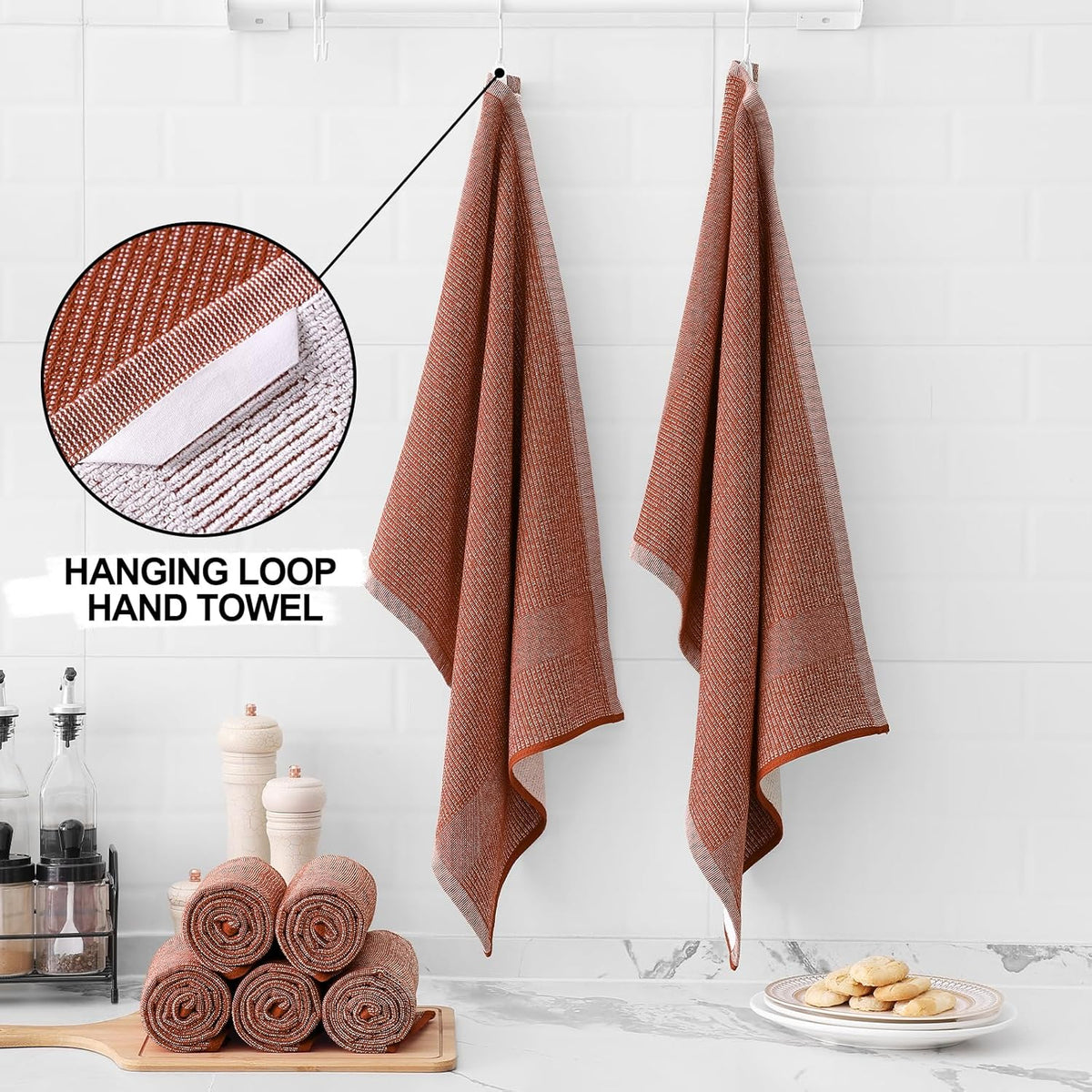 Homaxy Premium Kitchen Towels(18”x 28”, 6 Pack), Large Cotton Kitchen Hand Towels, Flat and Terry Dish Towels, 380 GSM Highly Absorbent Tea Towel Set with Hanging Loop, Rust