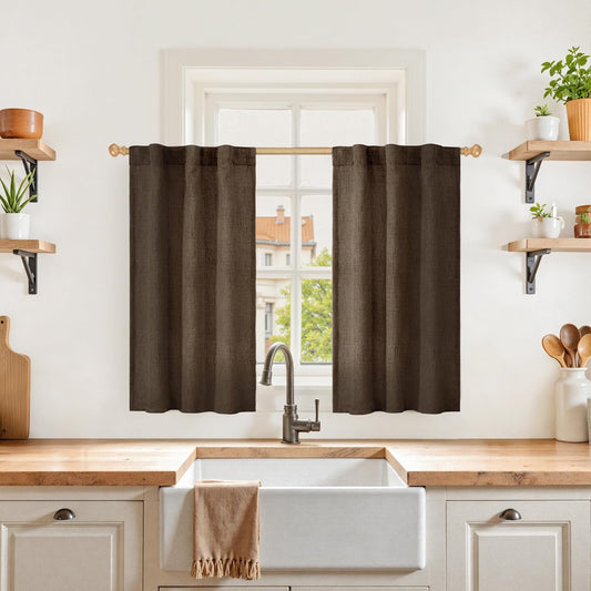 YoungsTex Brown Linen Kitchen Curtains 36 Inch Length, Half Window Drapes Light Filtering Semi Sheer with Rod Pocket Back Tab for Cafe Bathroom Window Over Sink, 30 x 36 Inch, 2 Panels