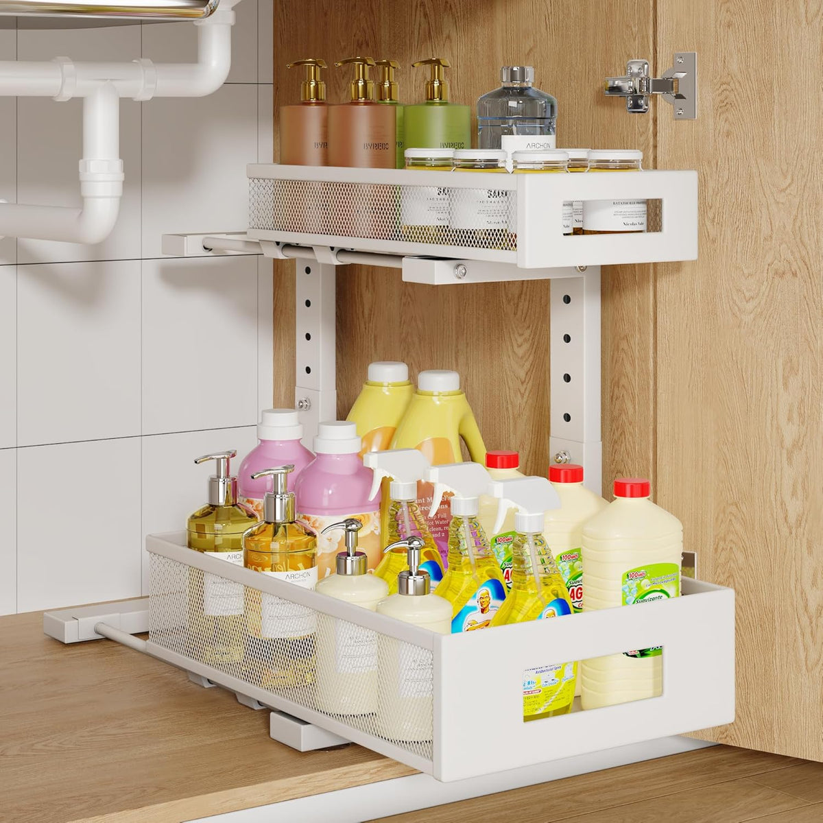 1 Pack-11.4"-16.14"H Under Sink Storage Organizer, Large 2-Tier Elegant Mesh Pull Out Shelf for Kitchen and Bathroom Cabinet Organization, L-Shaped and Adjustable Height Design for Maximum Space-White
