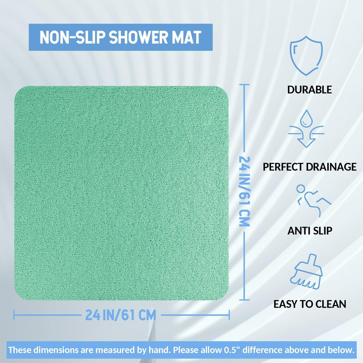 Non-Slip Bathtub Mat, Anti Slip Shower Mat, Fast Drying Bathtub Mats, Foot Scrubber Mat, Anti Slip Mat for Tub, Floor, Bathroom, Kitchen, Home, Hotel (Light Green 24"×24")