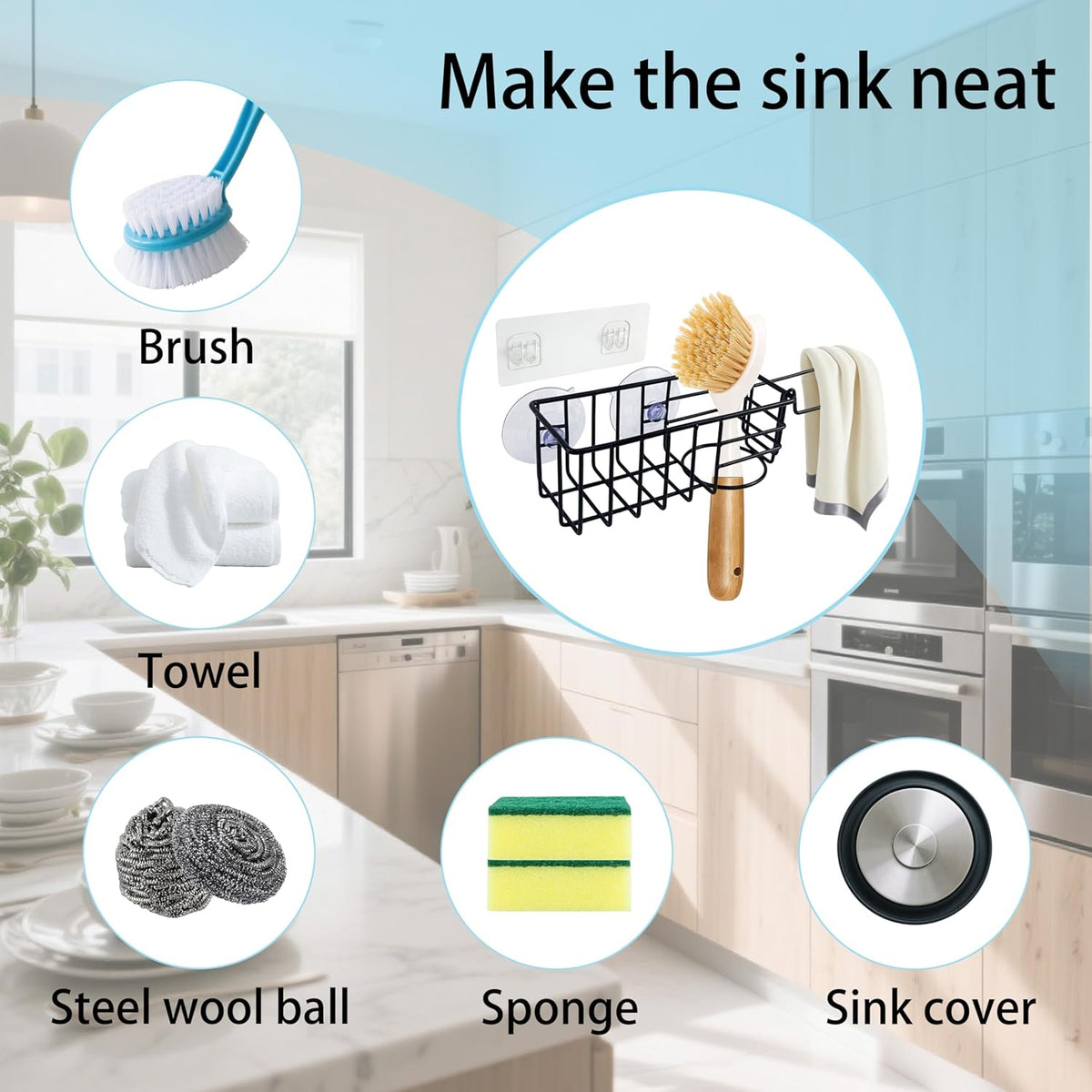 Sponge Holder with Dish Cloth Hanger for Kitchen Sink, in-Sink Caddy Organizer with Suction Cups & Adhesive Strips, Rustproof Sponge Rack for Soap, Brush, Scrubber - Black（2 Pack）