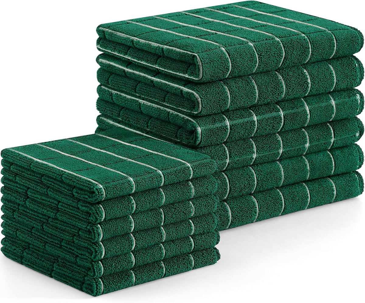 Homaxy Microfiber Kitchen Towels and Dishcloths Set, 12 Pack Soft and Absorbent Dish Hand Towels Bulk, 28 x 16 Inch & 12 x 12 Inch Quick Drying Rags for Washing Dishes, Dark Green