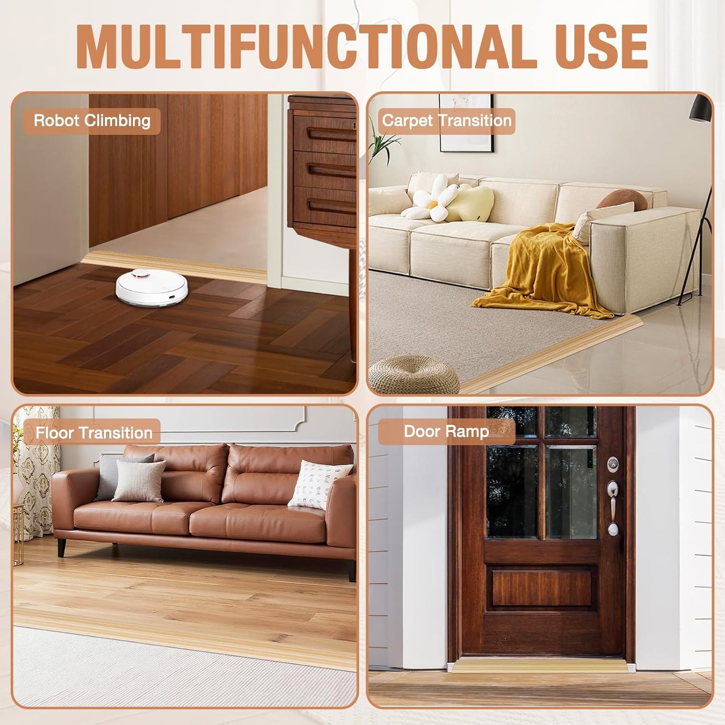 Floor Transition Strip Self Adhesive Vinyl Door Threshold for Doorways Carpet Edging Trim Overlap Edge Reducer for Laminate Floor, Carpet, Tile (Light Yellow Wood Grain, 1/5" to 2/5", 6.6Ft)