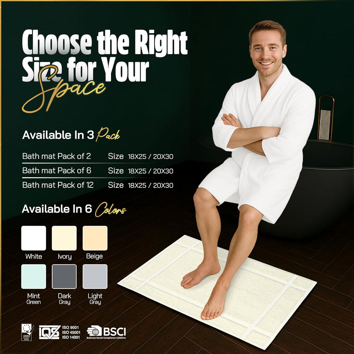 Pearl Linens Pack of 2 100% Cotton Bath Mat 18x25 inches, Soft & Absorbent Quick Dry Bathroom Mats Set, Not Bathroom Rugs, After Shower Mats, Bath Tub Mat, 687 GSM, Machine Washable, Ivory
