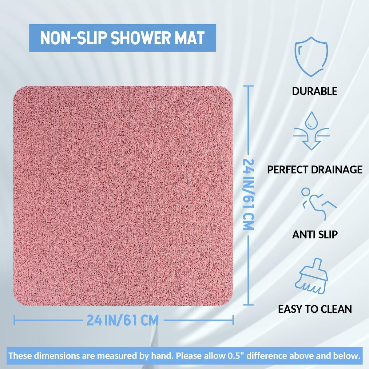 Non-Slip Bathtub Mat, Anti Slip Shower Mat, Fast Drying Bathtub Mats, Foot Scrubber Mat, Anti Slip Mat for Tub, Floor, Bathroom, Kitchen, Home, Hotel (Pink 24"×24")