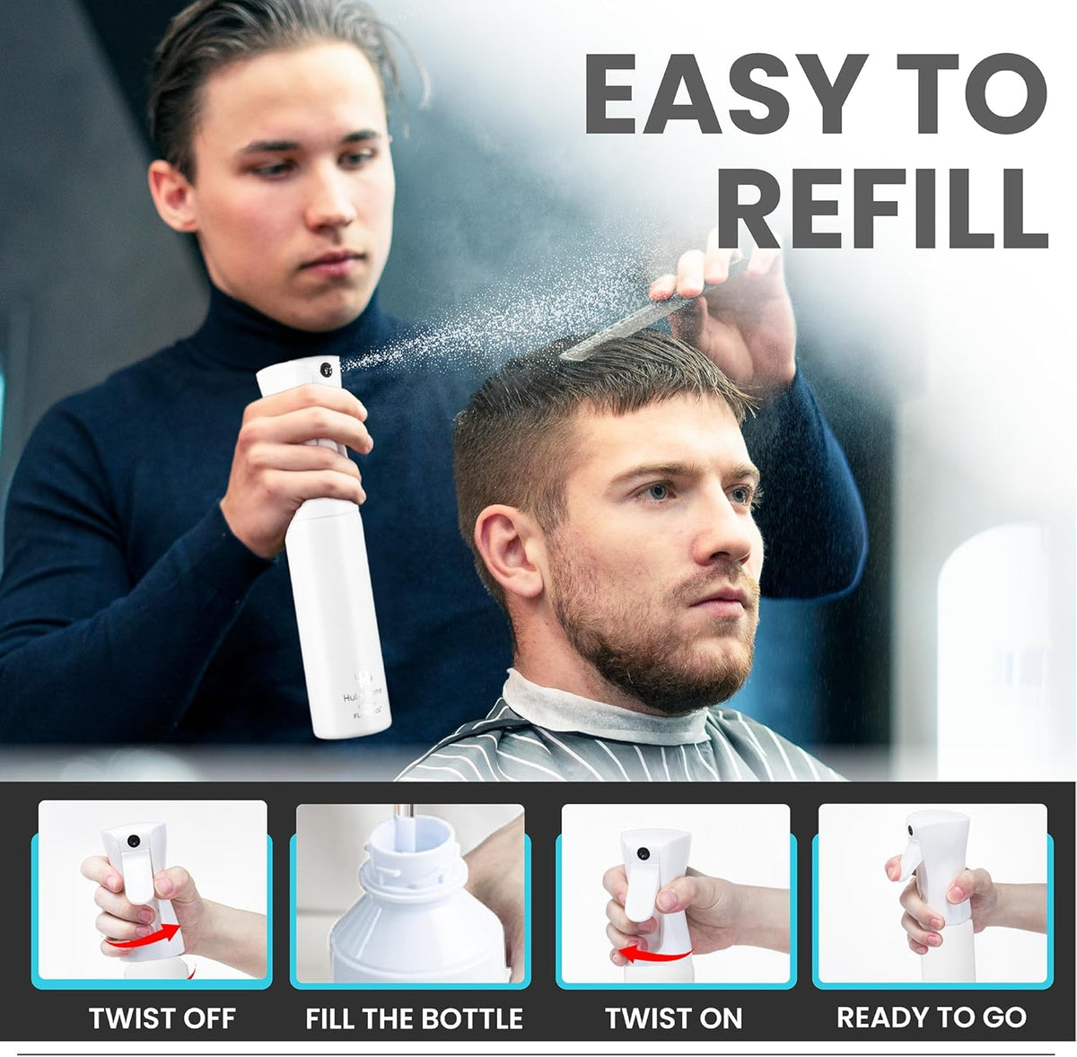 Hula Home Spray Bottle for Hair (10.1oz/300ml) - Powered by Flairosol® Spray Technology - Continuous Ultra Fine Mist Sprayer – For Hairstyling, Cleaning, Salons, Plants, Essential Oil - All White
