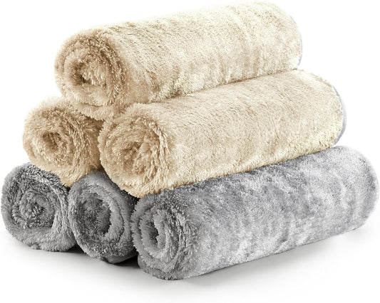 Fantasticlean Microfiber Car Detailing Towels, Car Drying Towel with Edge, Plush, Coral Fleece, 700GSM, 16" x 16", 6 Pack, Scratch-Free, Ultra Absorbent, Car RV Boat Home Cleaning (Grey and Camel)