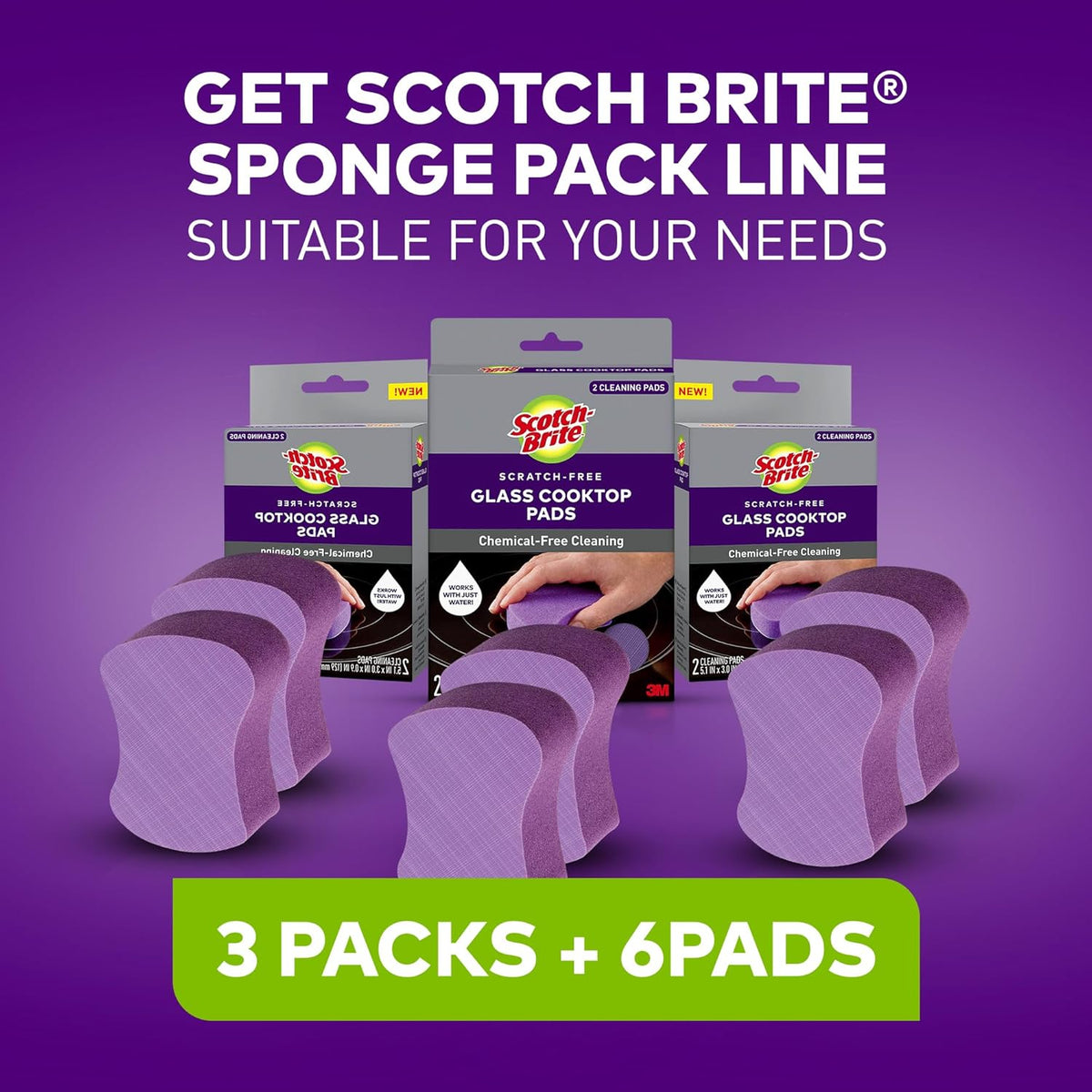 Scotch-Brite Glass Cooktop Pads, Scratch-Free & Non-Abrasive Scrubbers for Glass or Ceramic Stovetops, Cleans Burnt-On Messes with Just Water, Reusable Dishwasher-Safe Design (6 Pads)