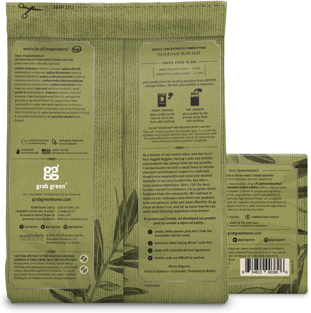 Grab Green Stoneworks Laundry Detergent Pods and Dryer Sheet Bundle, 50 Count Pods and 80 Dryer Sheets, Olive Leaf Scent, Plant and Mineral Based Laundry Care Set