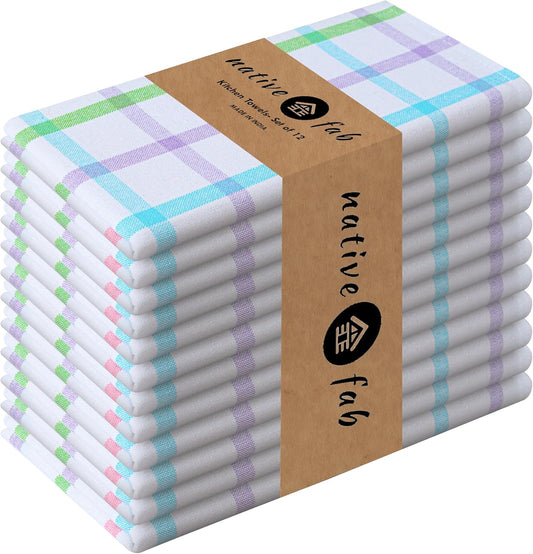 Native Fab Multi Color Check Kitchen Towels Set of 12, 100% Cotton, 16x26 Inch, Absorbent & Durable Dishcloth Set, Farmhouse Style Tea Towels for Rustic Kitchens, Cleaning, Cooking, Everyday Use