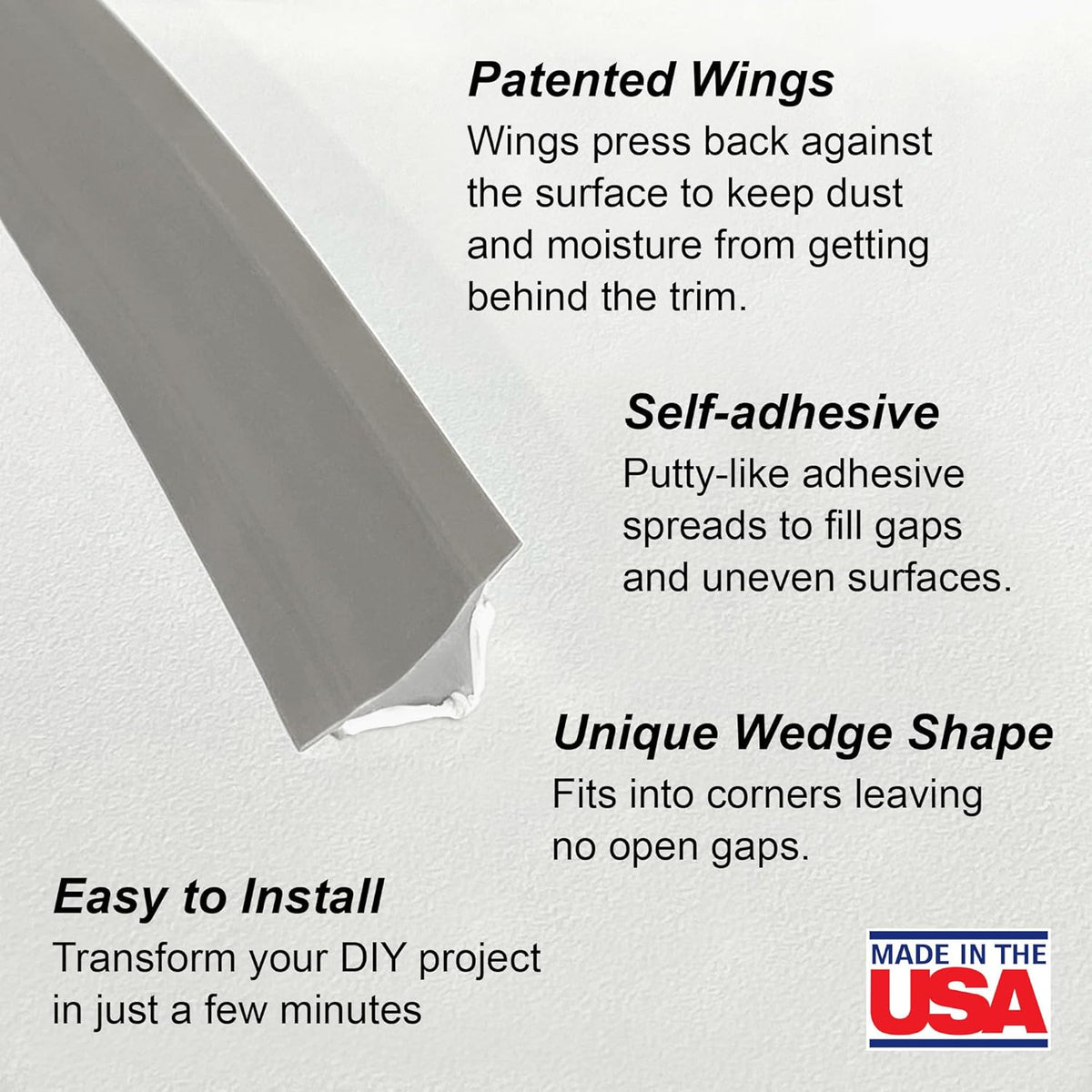 InstaTrim The Original Flexible Trim - 10ft Grey 1/2" Adhesive Trim with Many Uses Including Bathtubs, Sinks, Counters, Tile, Floors - Made in USA