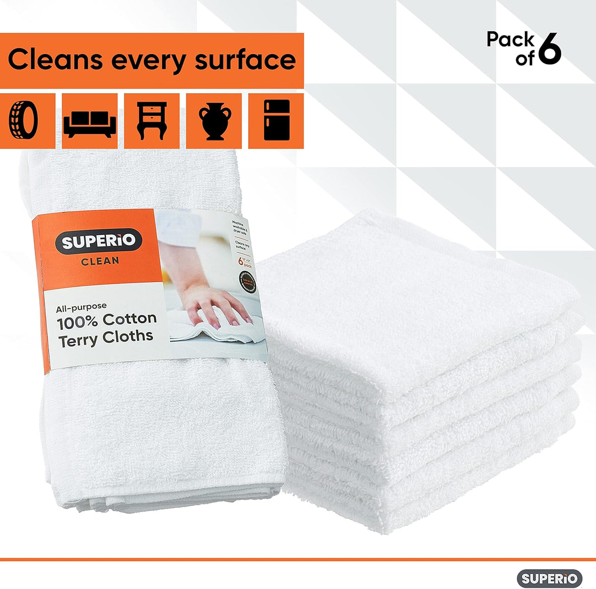 Superio Terry Cloth Rags White Washcloths 100% Cotton 12" Cleaning Cloths, Kitchen Towels, Facial Washcloth, Spa Cloths, Hand Towel, Small Lint Free Rags for Multi-Purposes (6 Pack)