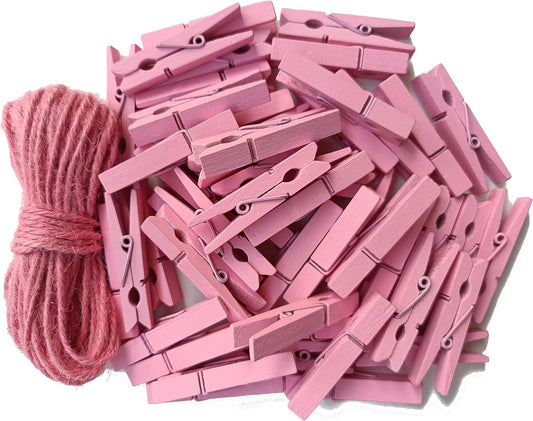 1.9" Pink Wooden Clothes Pins DIY Photo Garland Baby Shower Bag Clips Decorative Clothespins with Jute Twine Pack 50