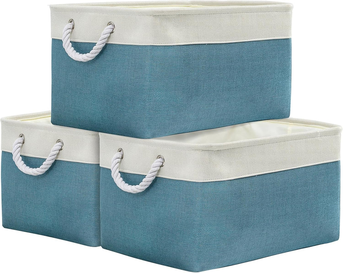 TheWarmHome Storage Baskets for Organizing - Extra Large 3 Pack 17x14x10 inch Storage Bins for Shelves Closet Nursery Bathroom Bedroom Baby Clothes Dog Toy Home Organization (White & Green)