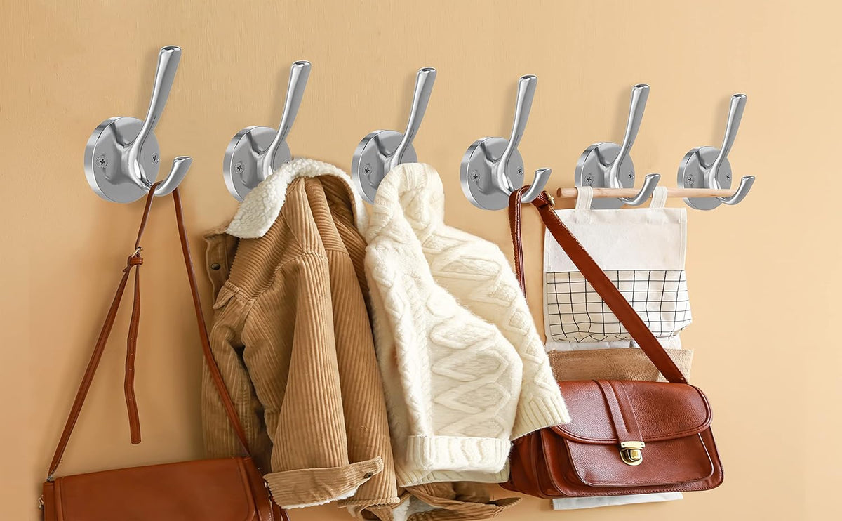 Brushed Nickel Wall Hooks, 6 Pack Coat Robe Hook Heavy Duty Metal Double Bath Hook Wall Mounted, Hand Towel Hooks for Cubicle Bathroom Kitchen Closet Garage