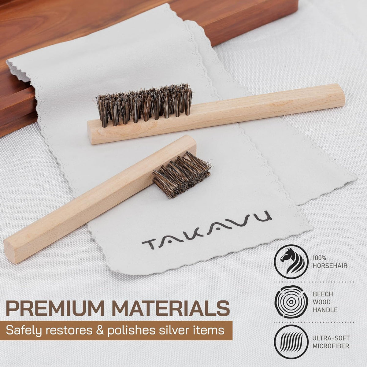 TAKAVU Horsehair Detail Brush Set, Silver Cleaning Brushes & Polish Cloth for Silverware Plateware Jewelry