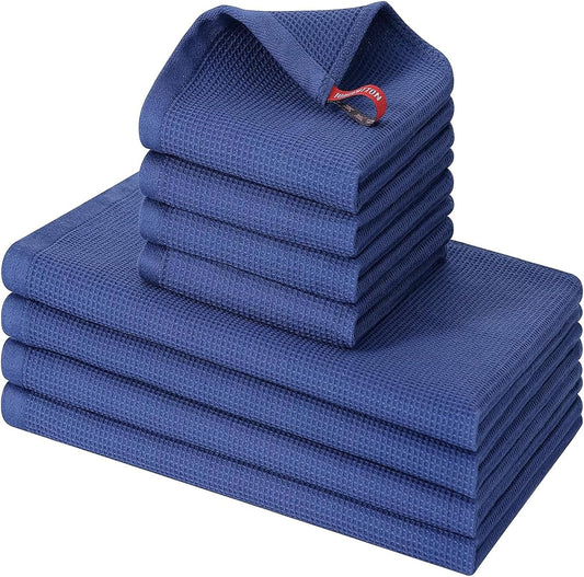 Homaxy 100% Cotton Kitchen Towels and Dishcloths Set - 8 Pack Waffle Weave Soft and Absorbent Dish Towels - 26 X 16 Inch and 12 X 12 Inch - Navy Blue