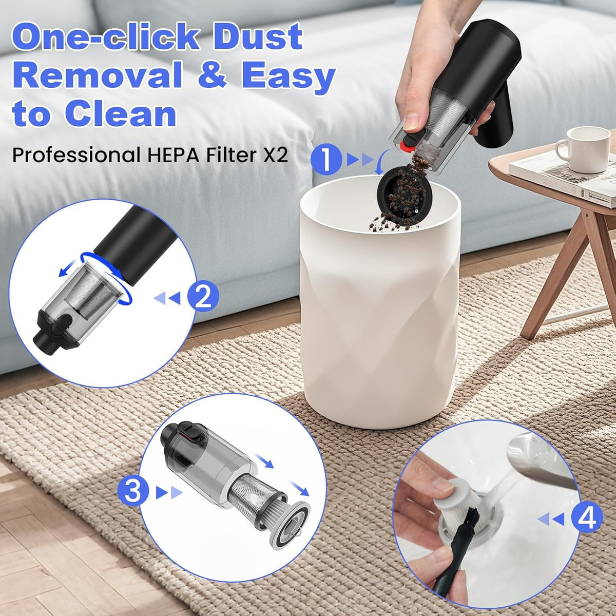 Car Vacuum Portable Cordless with 16000PA Ultra Suction 4-in-1 Foldable Air Duster & Brushless Motor Rechargeable Handheld Vacuum for Pet Hair, Car Seats, Home & Office Cleaning
