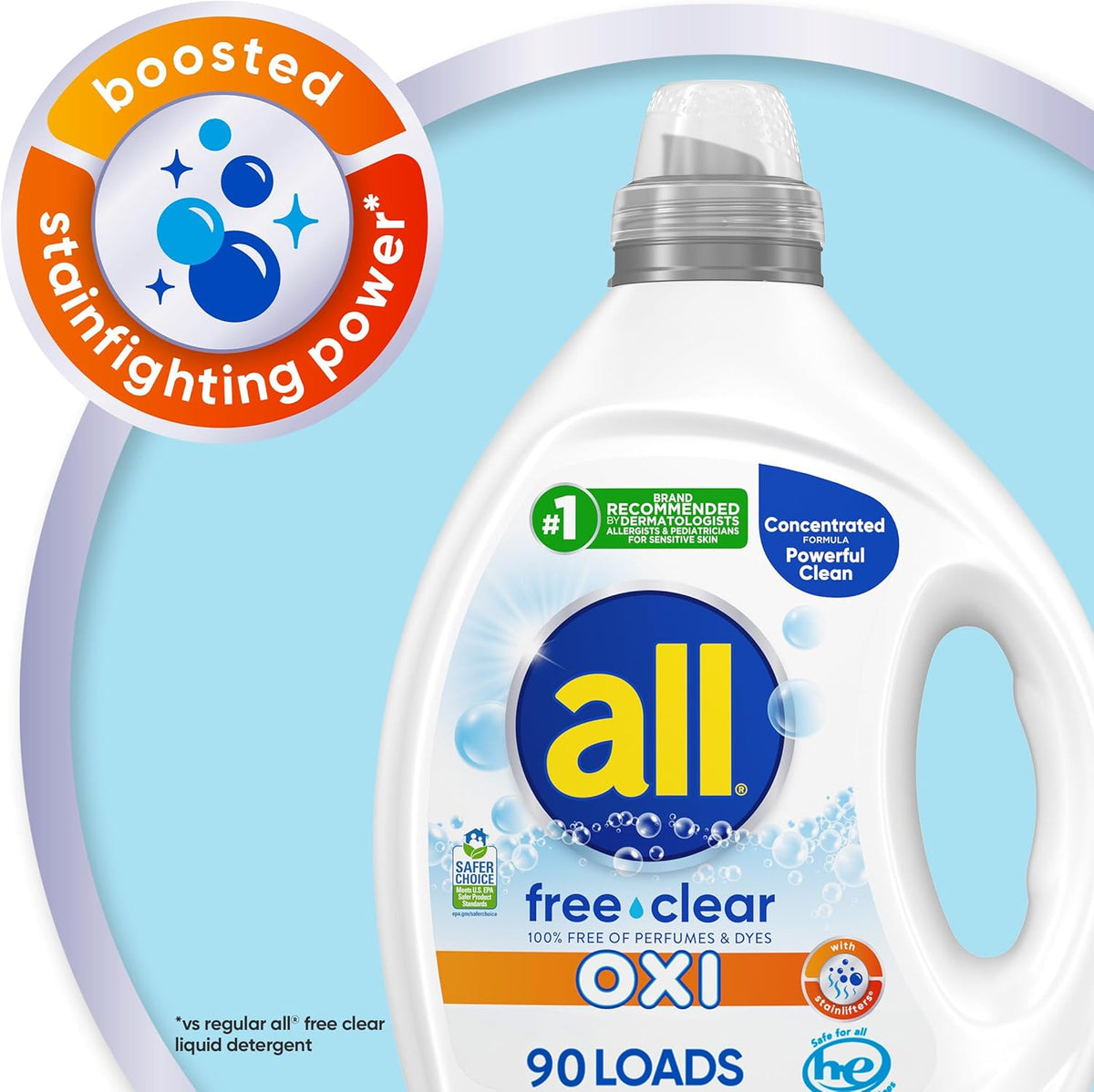 all Liquid Laundry Detergent, Free Clear for Sensitive Skin with OXI, Unscented and Hypoallergenic, 2X Concentrated, 90 Loads
